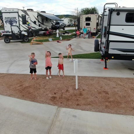 aerial view of petey's rv with kids playing